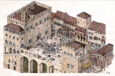 Middeleeuwen: luchtfoto van het centrale plein van de stad Gubbio (Umbrië) in Italië in de 14e eeuw. Links is het paleis van de Consuls te zien. door Giorgio Albertini