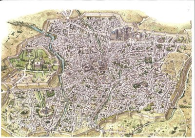 Middeleeuwen: gedetailleerde luchtfoto van de stad Samarkand (Samarkand), de stadsmuren zijn zichtbaar, in Oezbekistan ten tijde van de Mongoolse Chaybanid-dynastie. 1450 rond Centraal-Azië. Illustratie door Giorgio Albertini. (Het gebruik van de werken va door Giorgio Albertini