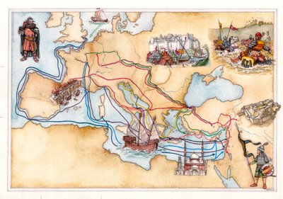 Middeleeuwen: kaart van Europa en het Midden-Oosten met de land- en zeeroutes die werden gebruikt tijdens de verschillende kruistochten door Giorgio Albertini