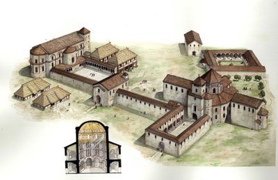 Middeleeuwen: overzicht, en dwarsdoorsnede van de reconstructie van het paleis van Karel de Grote (ca. 742-814) gerealiseerd door de architect Eudes de Metz rond 794 in Aken (Aachen) Duitsland. Illustratie door Giorgio Albertini. (Het gebruik van de werken door Giorgio Albertini