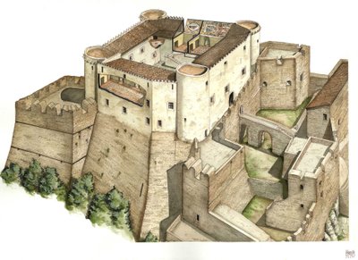 Middeleeuwen: reconstructie van het kasteel Santa Severina, gebouwd in de 11e eeuw, in Catanzaro. Calabrië Italië Illustratie door Giorgio Albertini. (Het gebruik van de werken van deze auteur is niet onderworpen aan een aanvraag voor toestemming van een d door Giorgio Albertini