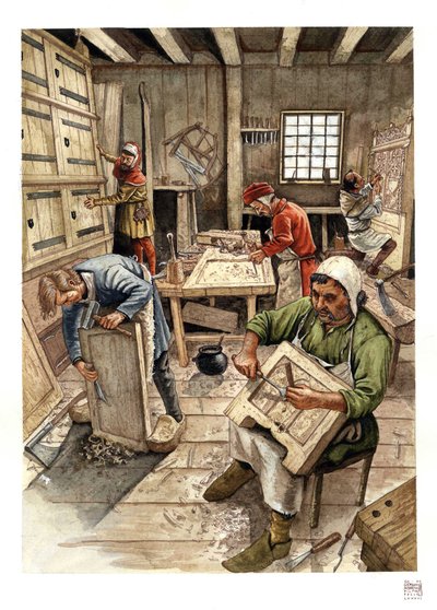 Middeleeuwen: voorstelling van een werkplaats van ebenisten in de 15e eeuw, arbeiders bewerken hout. door Giorgio Albertini