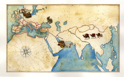 Middeleeuwen: de belangrijkste wegen door Europa (Romeinse wegen), pelwegen (Jeruzalem), de Zijderoute naar China. door Giorgio Albertini