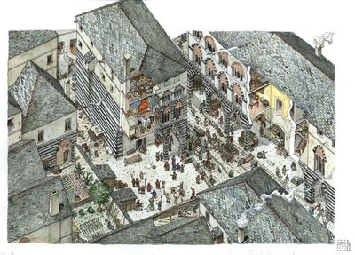 Middeleeuwen: gezicht op een paleis van de koopmansadel (Curia of curia) van Genes in de 15e eeuw, straatscènes, Italië Illustratie van Giorgio Albertini. door Giorgio Albertini