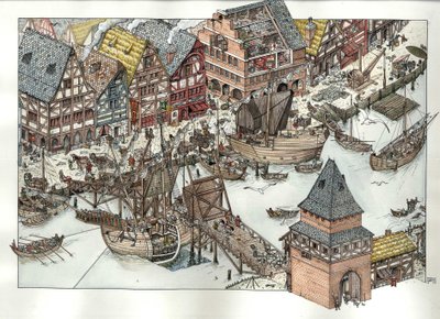 Middeleeuwen: zicht op commerciële activiteiten rond de haven in Lubeck, aan de Baltische Zee. 14e eeuw. Duitsland door Giorgio Albertini