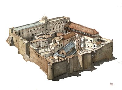 Overzicht van het orthodoxe klooster van St. Catharina van de Sinaï in Egypte. Illustratie door Giorgio Albertini. (Voor het gebruik van de werken van deze auteur is geen toestemming van derden nodig en hoeven geen extra kosten te worden betaald). door Giorgio Albertini