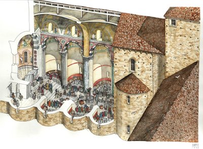 Reconstructie van de Basiliek van St. John Lateran (Saint John Laterano of San Giovanni in Laterano) in de 8e eeuw: de architectonische beker maakt het mogelijk om het triclinium en de inwijdingsceremonie van een paus te zien. Rome door Giorgio Albertini