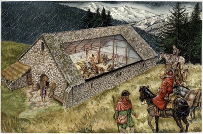 Reconstructie van een ziekenhuis (hospice of toevluchtsoord) van pelerins in Moncenisio (Montcenis) in de Alpen, Italië door Giorgio Albertini