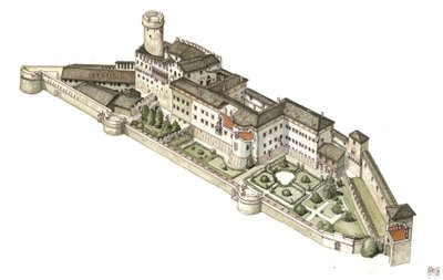 Reconstructie van het kasteel van Buonconsiglio, voormalige residentie van de eveque prinsen van Trento. Italië Illustratie door Giorgio Albertini. (Het gebruik van de werken van deze auteur is niet onderworpen aan een verzoek om toestemming van een derde  door Giorgio Albertini
