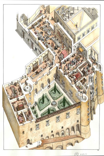 Reconstructie van de adellijke vloer van het hertogelijk paleis van Urbino, Italië. Het werd gebouwd door hertog Federico da Montefeltro (Frederic de Montefeltre, hertog van Urbino) in de 15e eeuw. door Giorgio Albertini