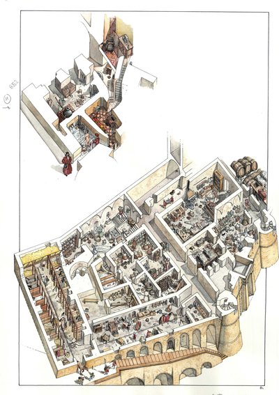 Reconstructie met het oog op het uithakken van de ondergrondse ruimtes waar de dienstverdieping (woonhuizen, badkamers, keuken, stallen) zich bevindt in het hertogelijk paleis van de stad Urbino in Italië. Het werd gebouwd door hertog Federico da Montefelt door Giorgio Albertini