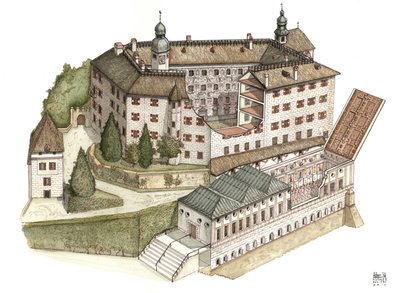 Renaissance-architectuur: reconstructie van het kasteel van Ambras door Giorgio Albertini