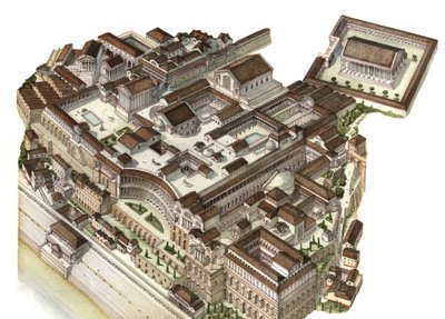 Romeinse oudheid: reconstructie van de berg Palatijn (Glue Palatino) in de 4e eeuw, opeenvolgende keizers (Augustus, Nero, Severe Septime) bouwden hun respectievelijke paleizen. Rome Italië door Giorgio Albertini