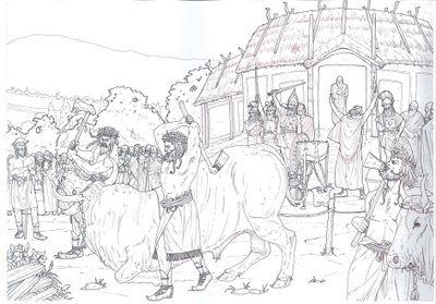 Romeinse oudheid: scène van het offeren van een stier als eerbetoon aan Jupiter bij het meer van Nemi, Rome. door Giorgio Albertini