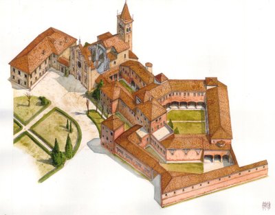 Romanogotische kunst: luchtfoto van de structuur van de abdij Viboldone, gebouwd tussen 1176 en 1348 in San Giuliano Milanese, bij Milaan, Italië Illustratie door Giorgio Albertini. (Voor het gebruik van de werken van deze auteur is geen toestemming vereis door Giorgio Albertini