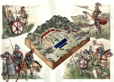 Gotenoorlog (535-553) tussen de Byzantijnen en de Ostrogoten: de Slag bij Taginae in juli 552, waardoor de Byzantijnen van Justinianus vanuit Ravenna over Rome konden marcheren. door Giorgio Albertini