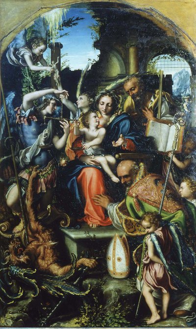 Heilige Familie met Sint Michaël de Aartsengel en de Duivel die Strijden om Zielen, Sint Bernhard en... door Giorgio Gandini del Grano