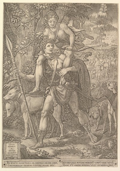 Allegorie van de Jacht, een jager met een grote speer die een vrouw Diana op zijn schouder draagt, 1556 door Giorgio Ghisi