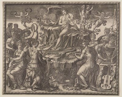 Apollo en de Muzen op de berg Parnassus door Giorgio Ghisi