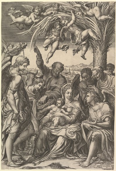 Rust tijdens de vlucht naar Egypte, de Heilige Familie onder een palmboom omringd door engelen, put..., 1578 door Giorgio Ghisi