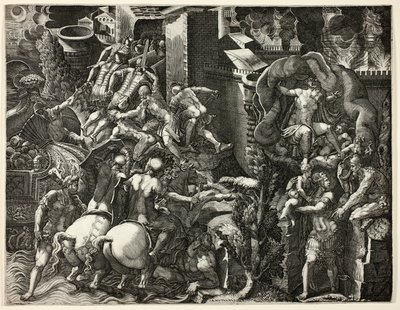 De val van Troje en de ontsnapping van Aeneas door Giorgio Ghisi