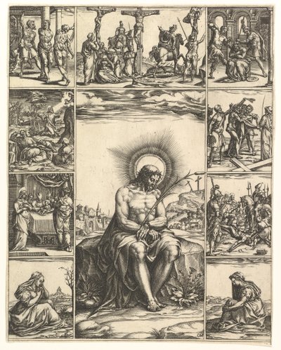 De Man van Smarten, een afbeelding van Christus omringd door negen vignetten die scènes uitbeelden door Giorgio Ghisi