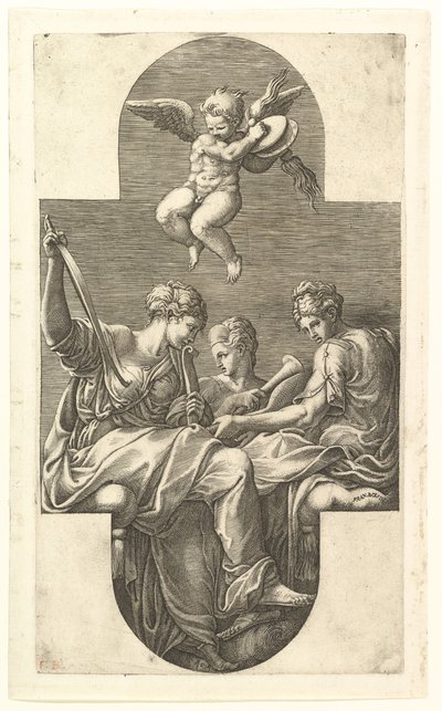 Drie muzen en een putto met cimbalen, een kruisvormige compositie, uit een serie van acht..., 1560s door Giorgio Ghisi