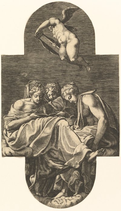 Drie Muzen en een putto boven met een lier, uit een serie van acht composities naar Fran door Giorgio Ghisi