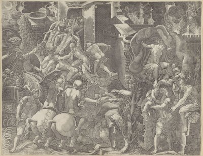 Val van Troje en de ontsnapping van Aeneas door Giorgio Ghisi