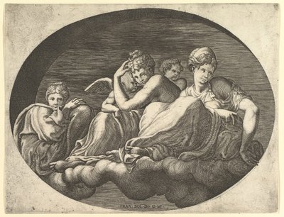 Venus en Cupido, Twee Andere Godinnen, en een Putto, uit een serie van acht composities door Giorgio Ghisi