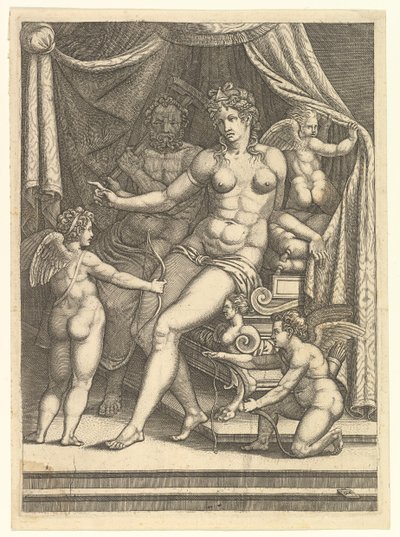 Venus en Vulcanus zittend op een bed en drie putti door Giorgio Ghisi