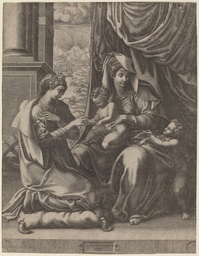 Het Mystieke Huwelijk van Sint-Catharina door Giorgio Ghisi after Francesco Primaticcio