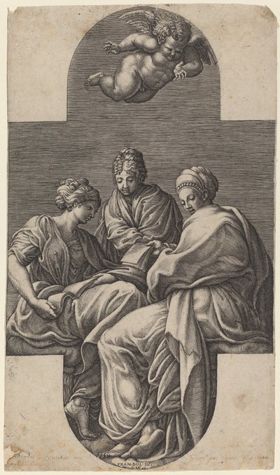 Drie Muzen en een Gebarende Putto door Giorgio Ghisi after Francesco Primaticcio