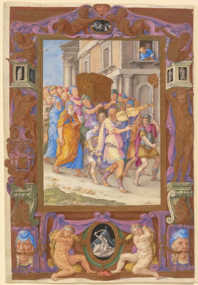 Koning David die danst voor de Ark van het Verbond, in een decoratieve lijst, c.1540 door Giorgio Giulio Clovio