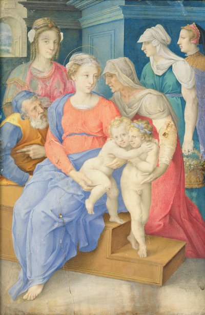 De Heilige Familie met St. Elizabeth, St. Johannes de Doper en Drie Adellijke Vrouwen, ca. 1557 door Giorgio Giulio Clovio