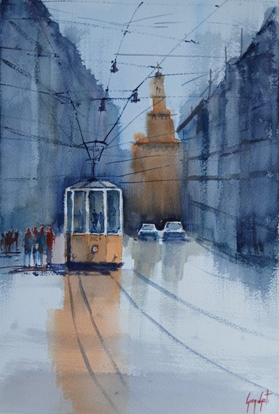 Tramreflecties in Bologna door Giorgio Gosti