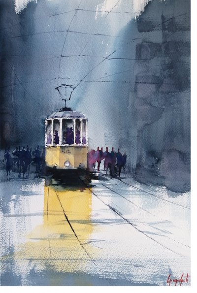 Tram in de regen door Giorgio Gosti