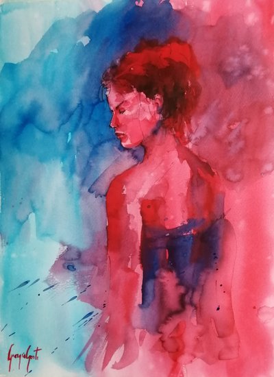Portret van een vrouw in rood en blauw door Giorgio Gosti