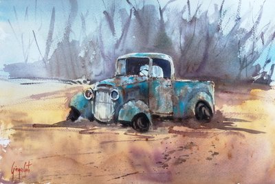 Roestige blauwe pick-up door Giorgio Gosti