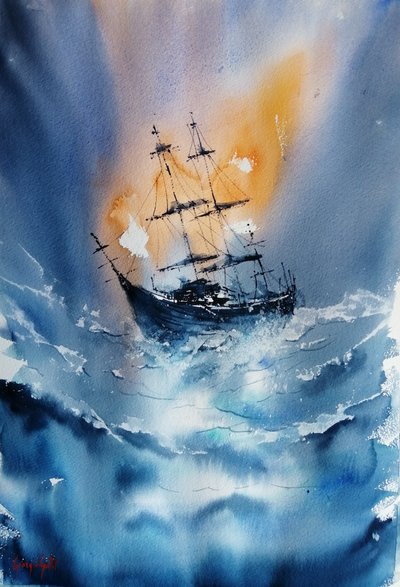 Schip op een stormachtige oceaan door Giorgio Gosti