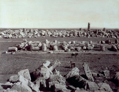 Panorama van de overblijfselen van de Tempel van Minerva en de Tempel van Apollo in Selinunte. Er is een man te paard tussen de ruïnes van de archeologische site door Giorgio Sommer
