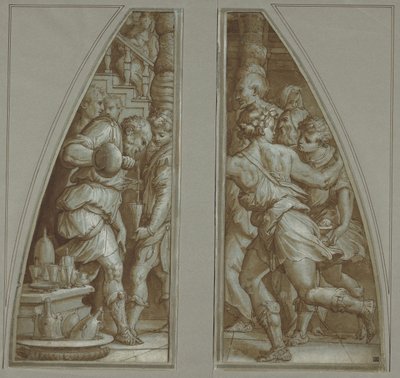 "Man met baard vult glas" en "Jeugd loopt". door Giorgio Vasari