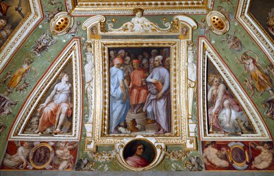 (detail) van de kamer van Cosimo de Medici die zichzelf met kunstenaars en intellectuelen voorstelt (fresco) door Giorgio Vasari