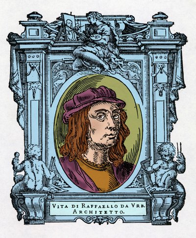 Portret van Raphael (Raffaello Sanzio 1483 - 1520) Italiaanse architect en schilder. Gravure uit "Levens van de meest excellente schilders, beeldhouwers en architecten" (Le Vite de