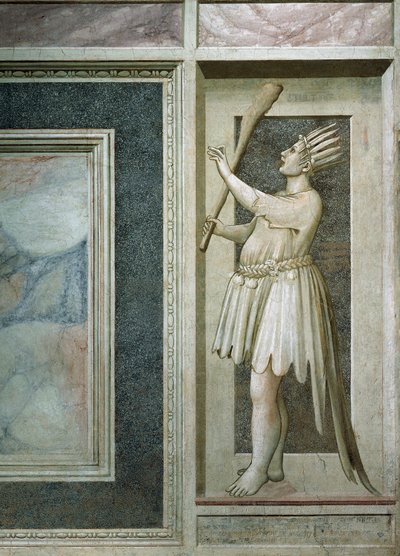 Dwaasheid, mannelijke figuur met mond gesloten door een slot, een knuppel in de rechterhand, hoofd bedekt met veren en pauwenstaart (na restauratie in 2002) door Giotto (c.1266 1337)