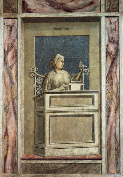 Voorzichtigheid, vrouwelijke figuur zittend aan een bureau, kijkend naar het verleden om van ervaring te leren en een boek lezend voor toekomstig onderricht (na restauratie) door Giotto (c.1266 1337)