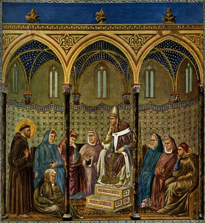 Sint Franciscus van Assisi preekt voor paus Honorius III door Giotto di Bondone