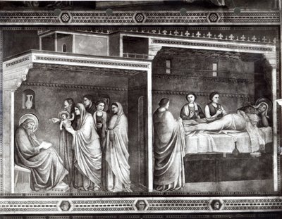 De geboorte van Johannes de Doper en zijn vader Zacharias die zijn naam schrijft door Giotto di Bondone