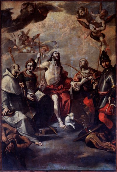 Sint Jan de Doper, Sint Joris, Sint Lucia, Sint Catharina, Sint Bernardus door Giovacchino Assereto