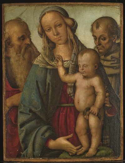 Maagd en kind met de heiligen Hiëronymus en Franciscus (olieverf op paneel) door Giovan Maria di Bartolomeo Bacci di (1450 1510) Belforte